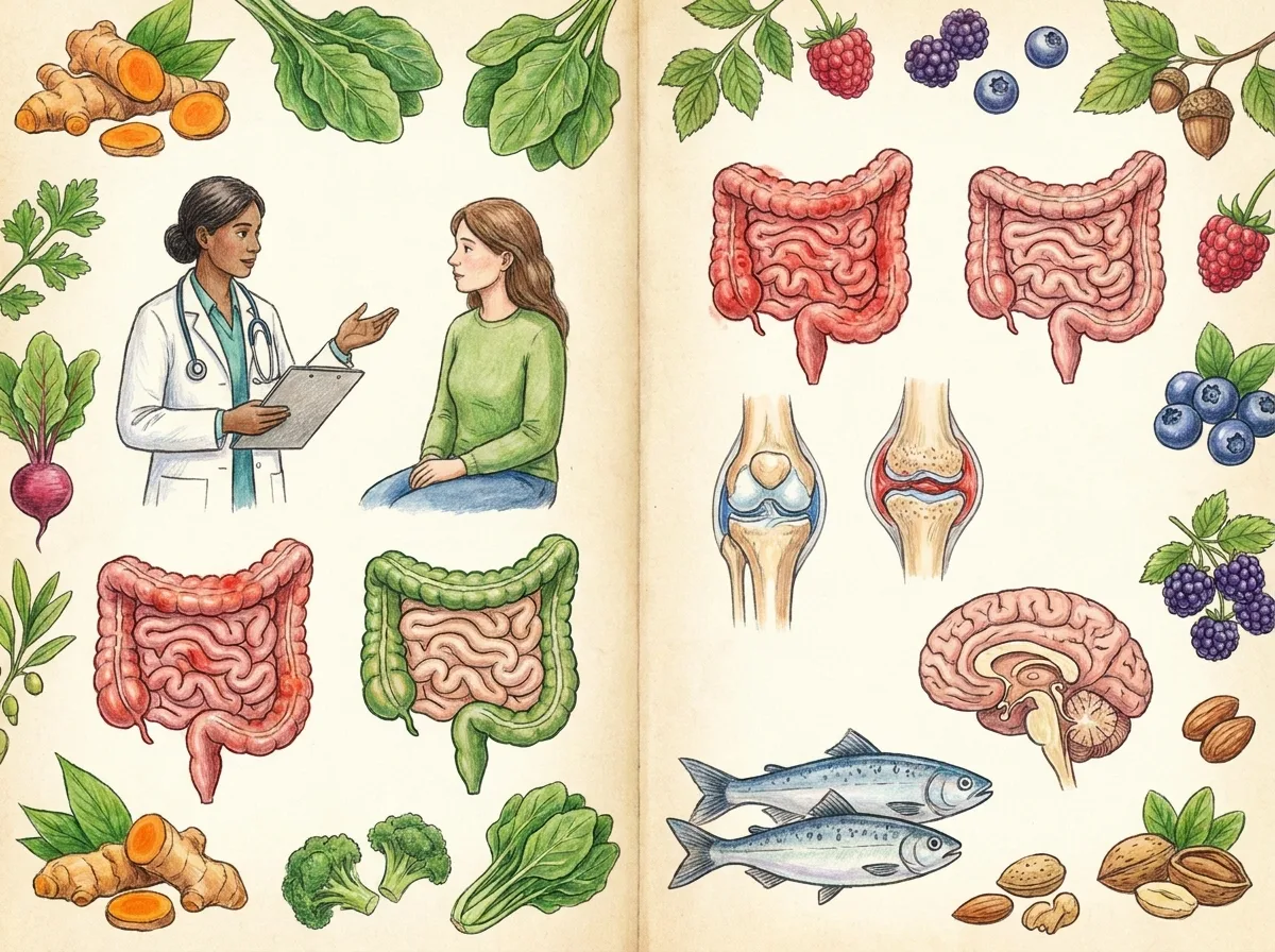 Ilustracao de desenho a mao colorido, estilo caderno de anatomia, retratando orientacao nutricional anti-inflamatoria como parte do tratamento conservador, tema lipedema