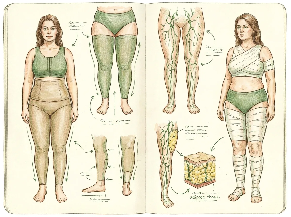 Ilustracao de desenho a mao colorido, estilo caderno de anatomia, retratando terapia de compressao como base do tratamento conservador do lipedema, tema lipedema