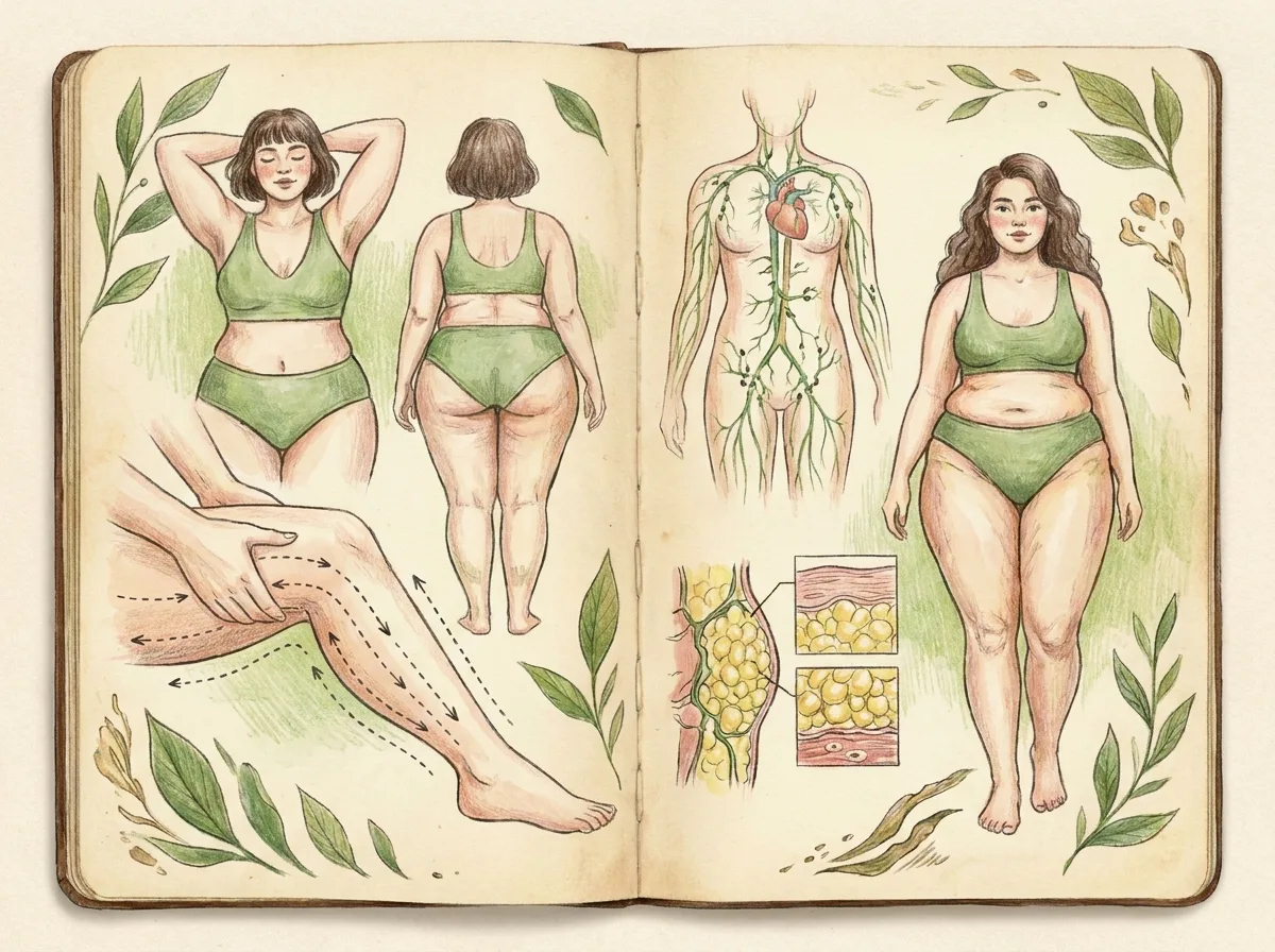Ilustracao de desenho a mao colorido, estilo caderno de anatomia, retratando papel da drenagem linfatica manual no manejo do lipedema, tema lipedema