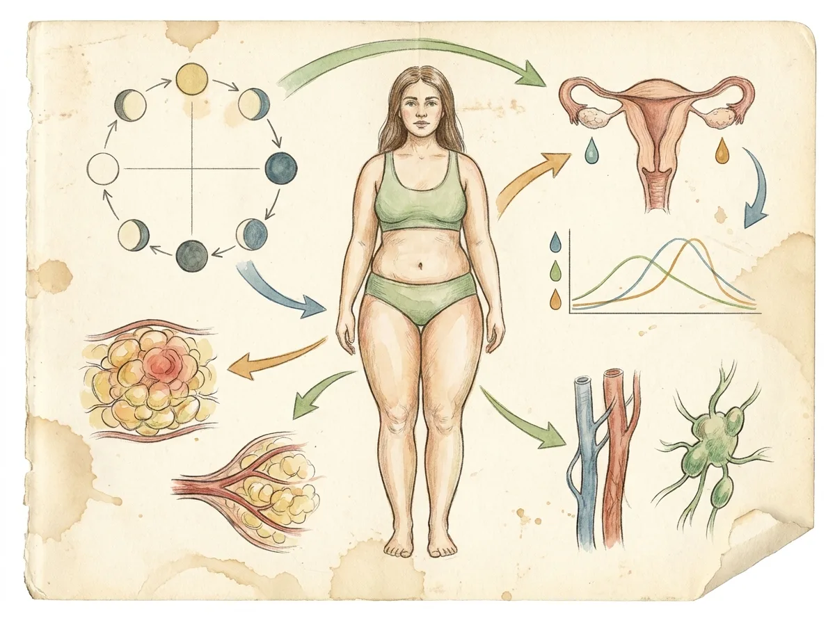 Ilustracao de desenho a mao colorido, estilo caderno de anatomia, retratando relacao entre flutuacao hormonal, TPM e piora dos sintomas do lipedema, tema lipedema