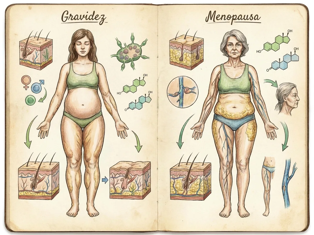 Ilustracao de desenho a mao colorido, estilo caderno de anatomia, retratando piora do lipedema em janelas hormonais: gravidez e menopausa, tema lipedema