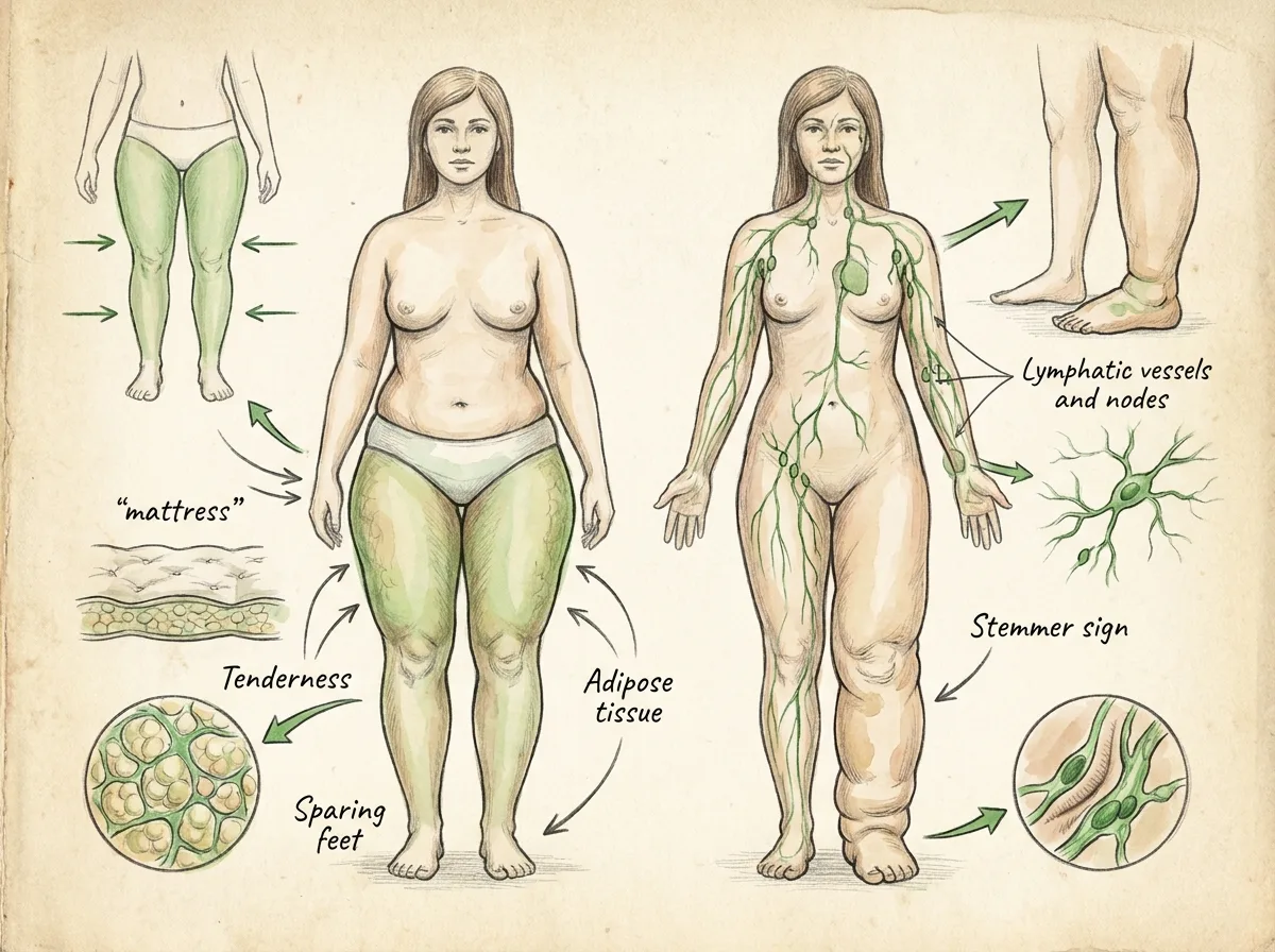 Ilustracao de desenho a mao colorido, estilo caderno de anatomia, retratando diferencas clinicas entre lipedema e linfedema, tema lipedema