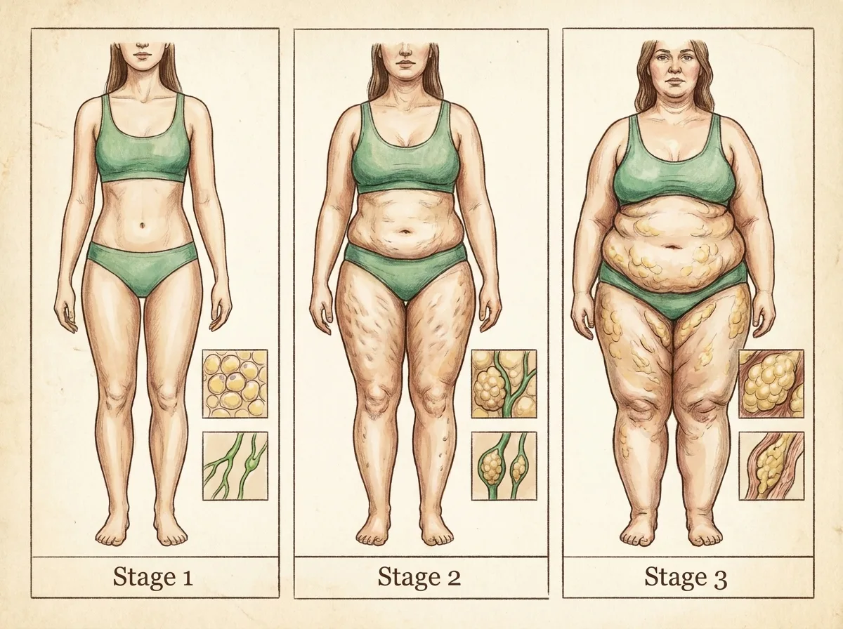Ilustracao de desenho a mao colorido, estilo caderno de anatomia, retratando estadiamento clinico do lipedema, do estagio 1 ao 3, tema lipedema
