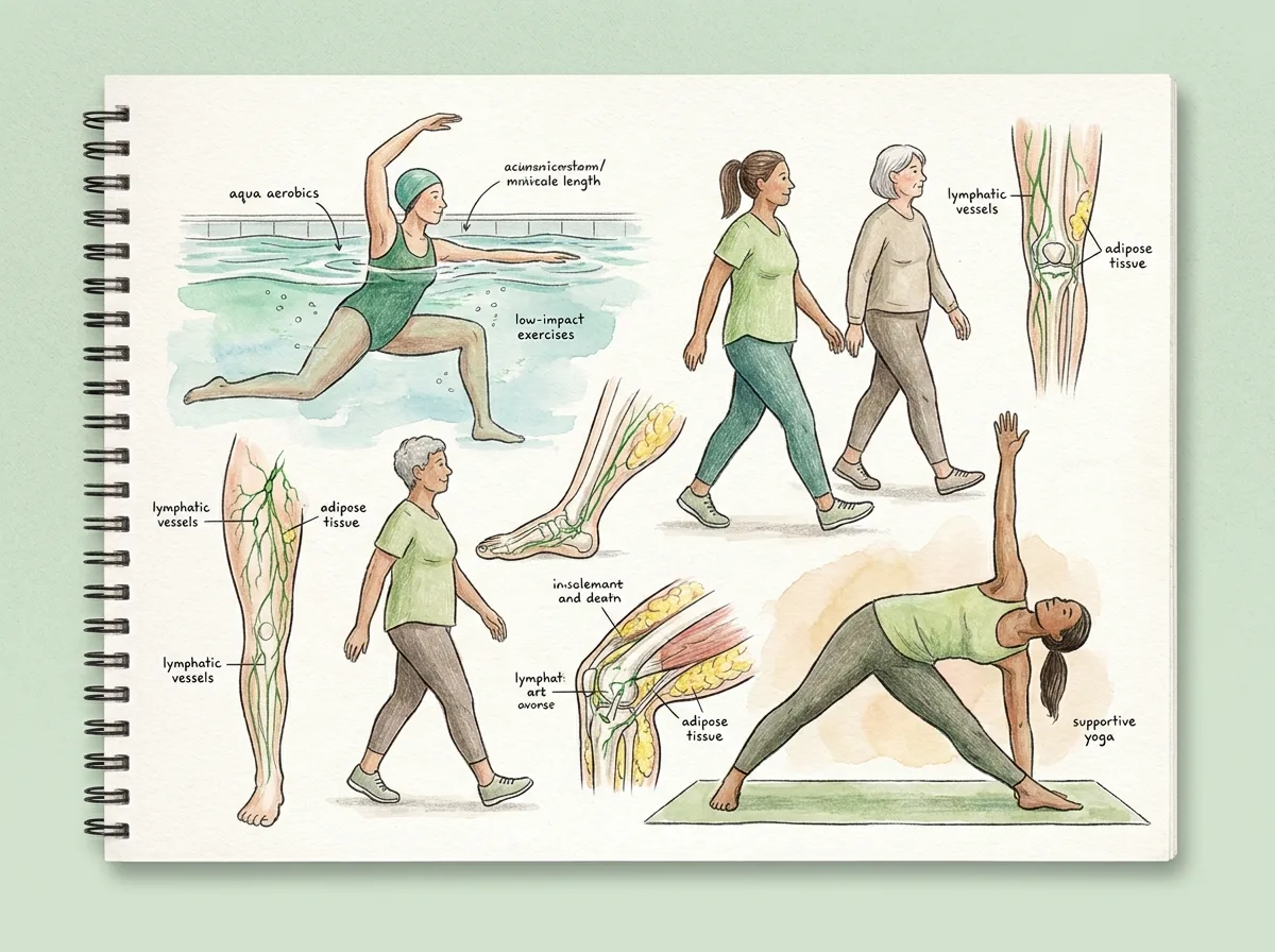 Ilustracao de desenho a mao colorido, estilo caderno de anatomia, retratando exercicios de baixo impacto recomendados no lipedema: agua, caminhada, ioga, protecao das articulacoes, tema lipedema