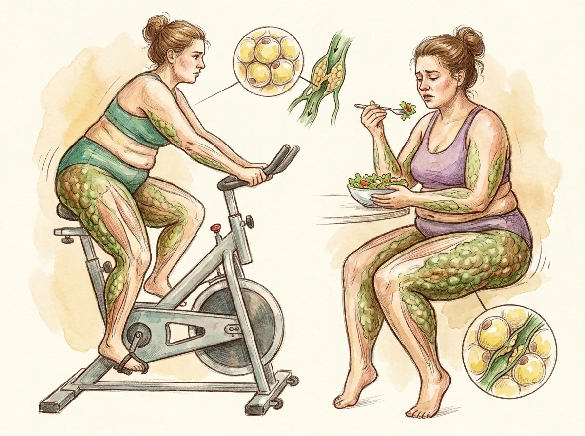 Ilustracao de desenho a mao colorido, estilo caderno de anatomia, retratando resistencia da gordura do lipedema a dieta e ao exercicio, tema lipedema