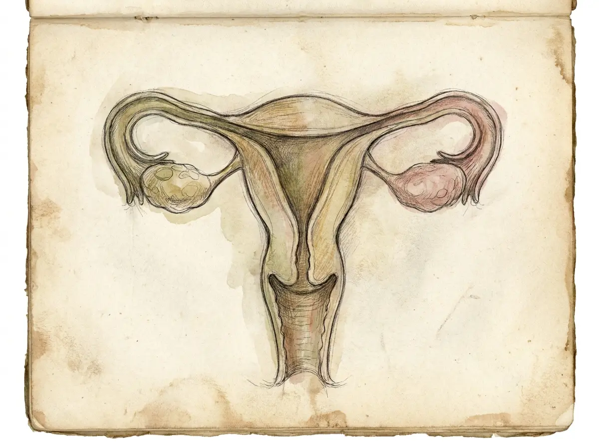 Ilustração de desenho a mão colorido, estilo caderno de anatomia, do útero e dos ovários, órgãos ligados à produção hormonal feminina