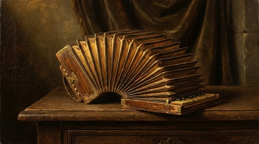 Pintura a óleo clássica de uma sanfona (concertina) antiga com o fole expandido sobre uma mesa de madeira, simbolizando o ciclo de expansão e contração do efeito sanfona