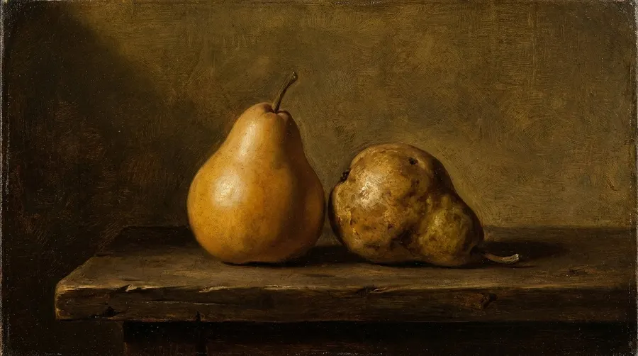 Pintura a óleo clássica de duas peras lado a lado, uma lisa e uniforme e outra com textura irregular, simbolizando a diferenciação entre gordura comum e lipedema
