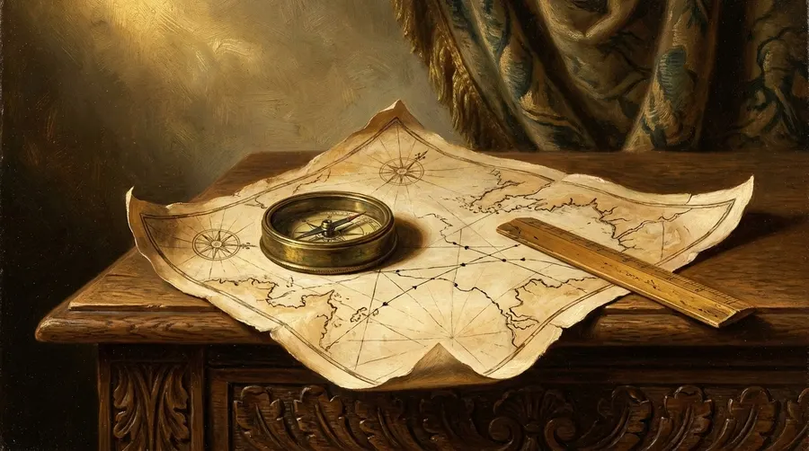 Pintura a óleo clássica de uma bússola de latão sobre um mapa náutico antigo, simbolizando a necessidade de acompanhamento e direção no tratamento