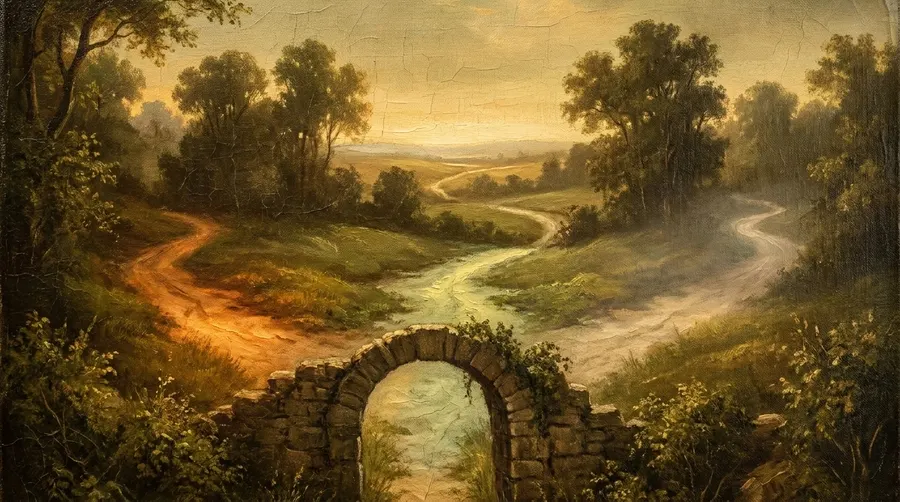 Pintura a óleo clássica de paisagem com três caminhos que partem de um portão de pedra e convergem para o mesmo horizonte, simbolizando as diferentes vias da reposição hormonal levando ao mesmo objetivo